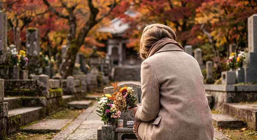 紅葉した墓地で花を手にお参りする人物の後ろ姿