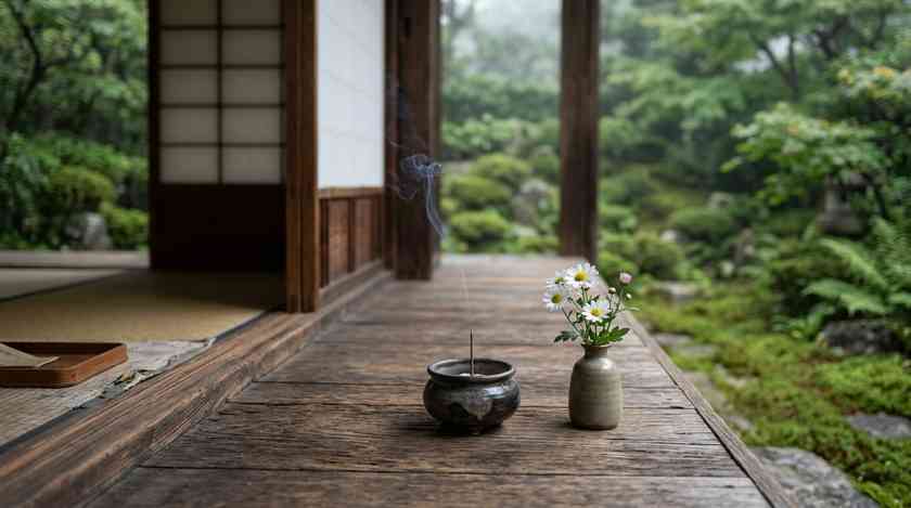 縁側の香炉に立ちのぼる線香の煙と、小菊を挿した花瓶（イメージ）
