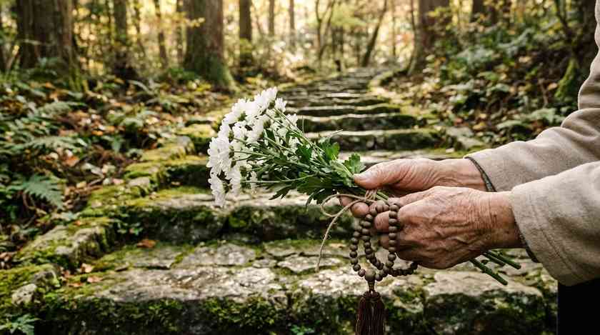 苔むした石段で、白菊と数珠を手に静かに手を合わせる前の様子(イメージ)