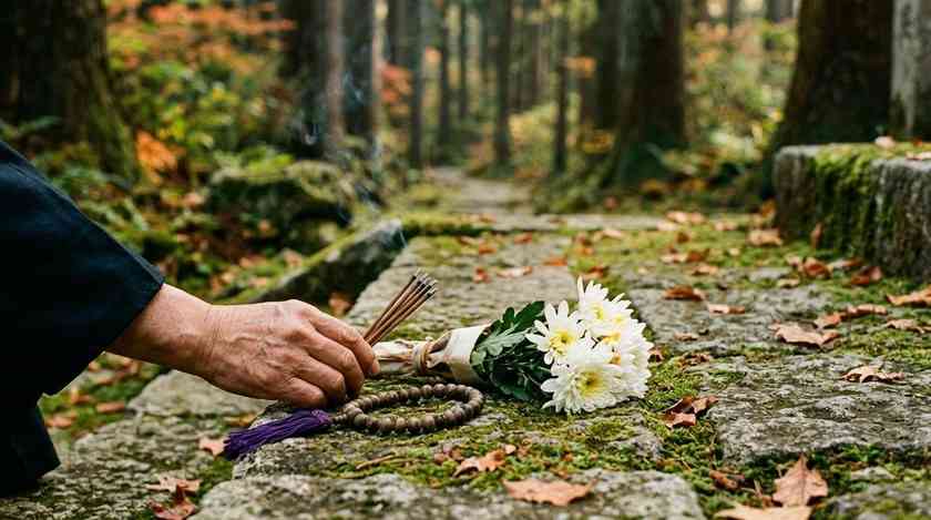 苔むした石段に置かれた数珠と線香、白菊の花束（イメージ）