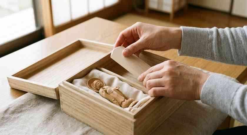 白木の位牌と小さな仏像を桐箱に納める手元