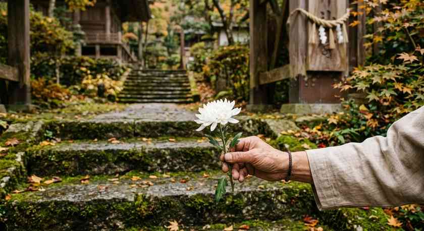 苔むした石段の参道と白い菊を手にした手元