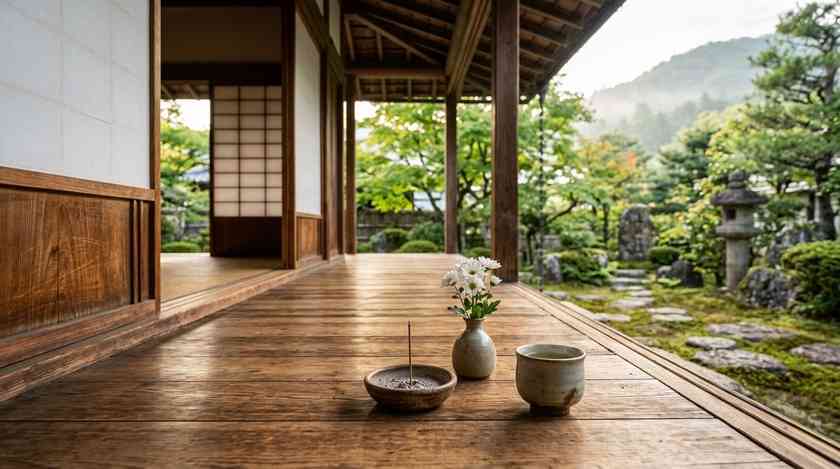 朝の静かな寺の縁側に置かれた線香立てと白い小菊（イメージ）