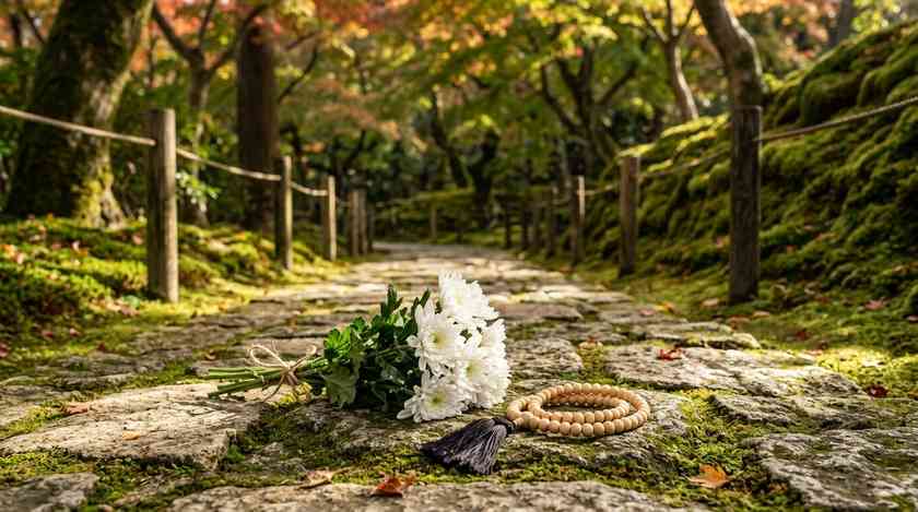苔むした石畳の参道に供えられた白菊の花束と数珠(イメージ)