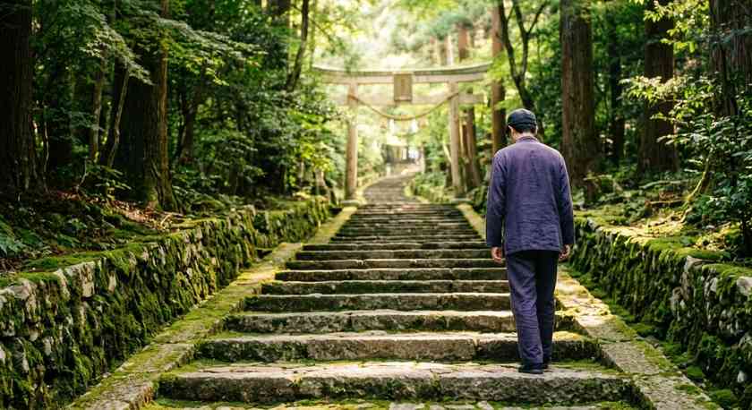 豊国廟へ続く長い石段を見上げる情景