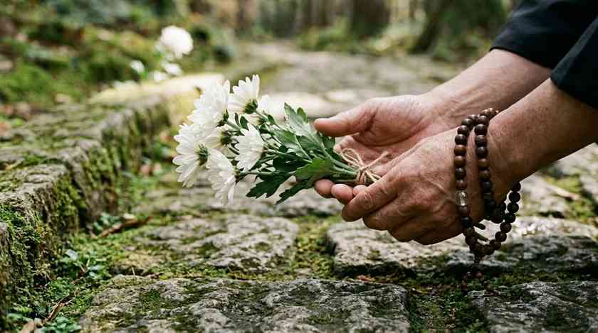 石段の途中で白菊の花束と数珠を手にする手元(イメージ)