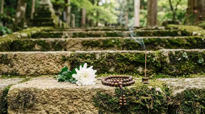 苔むした石段に供えた白菊と数珠、線香の煙(イメージ)