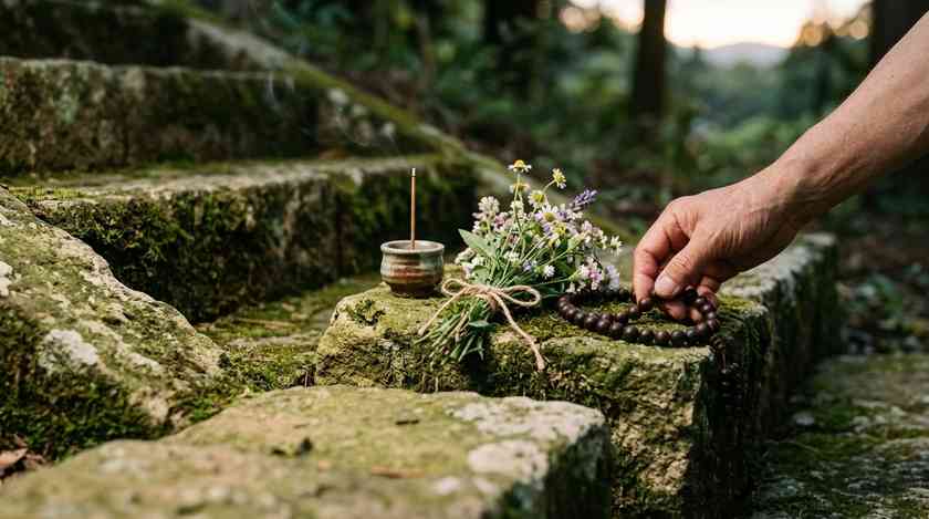 苔むした石段に供えられた花束と数珠、線香立て(イメージ)