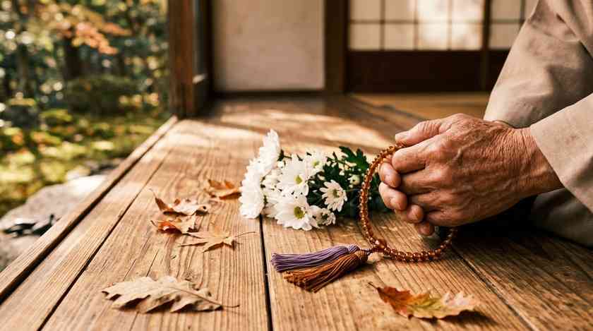 縁側の木の床に置かれた数珠と白菊（イメージ）