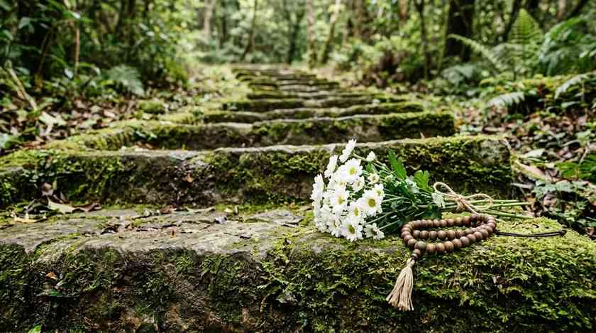 苔むした石段の脇に置かれた白菊の花束と数珠