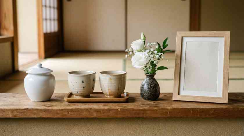 夫婦で見守る手元供養のイメージ(骨壺・湯呑み・白い花)