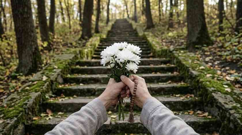 石段の途中で白菊の花束と数珠を持つ手元