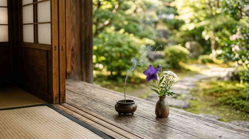 縁側の香炉と線香の煙、桔梗の花を生けた小さな花瓶