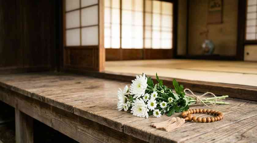 縁側に置かれた白菊と数珠のイメージ