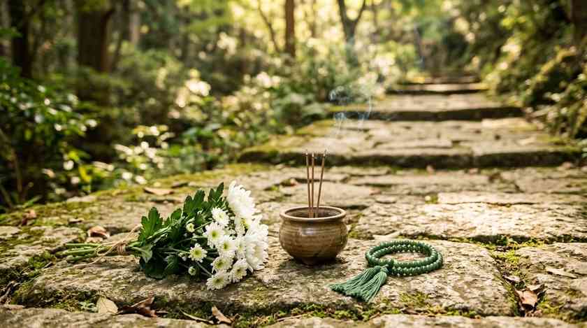 石段の脇に置かれた白菊の花束と線香立て、数珠(イメージ)